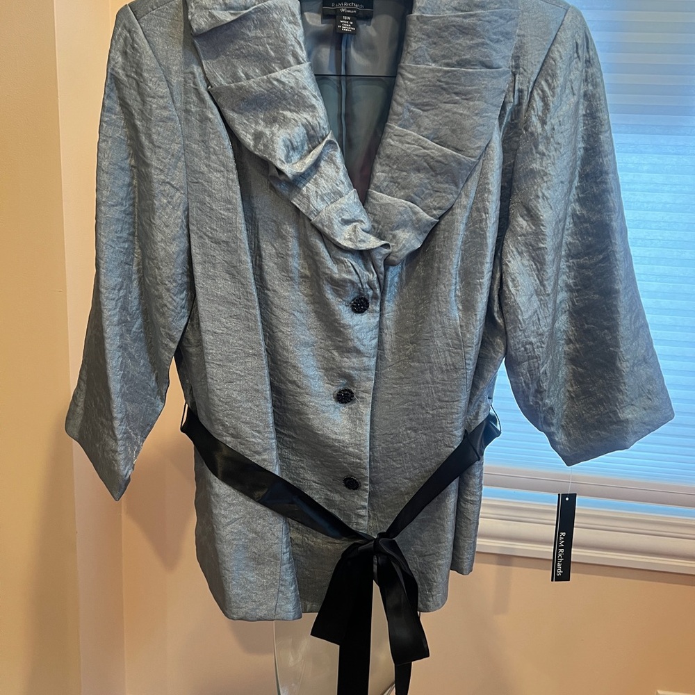 R&M Richards 18W Shimmer Blue Evening Jacket Blazer Ribbon Tie Formal